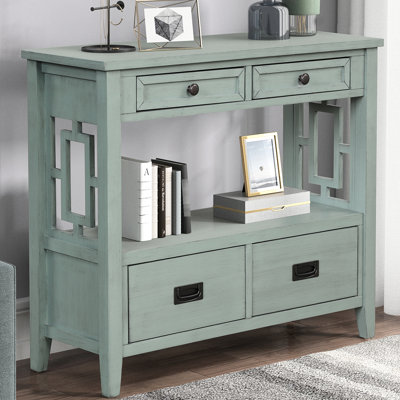 Console en pin 36 po avec 4 tiroirs et tablette de rangement en bleu rétro pour l'entrée, la chambre à coucher, le couloir, la table de cuisine. Pin massif, bleu. 1 couloir et présentoir