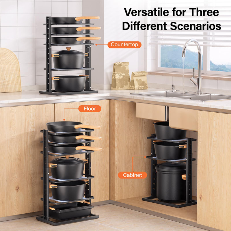 6-Tier Heavy Duty Adjustable Pan Pot Organizers Inside Cabinet, Pot Rack For Kitchen Cabinet Organization And Storage,, Black