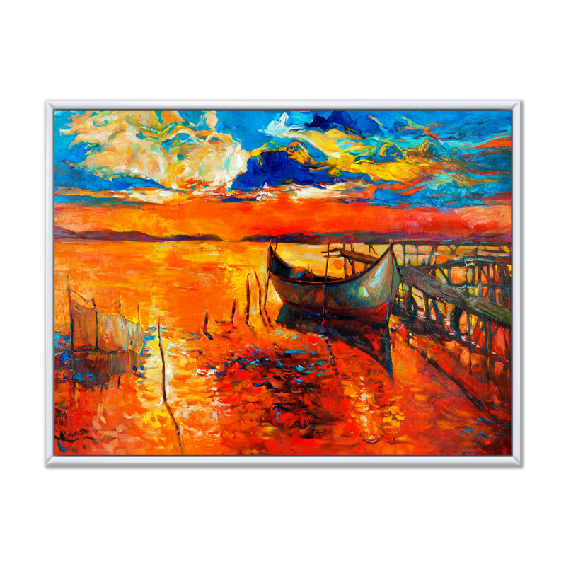 Bateau rouge et jetée, peinture murale décorative nautique et côtière, H 30 po x l 40 po x P 1,5 po, Cadre flottant blanc