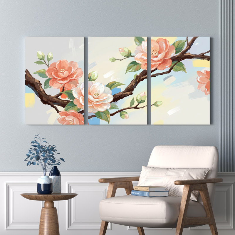 Ensemble de 3 tableaux muraux sur toile représentant des branches fleuries, pour la décoration du salon et de la chambre.