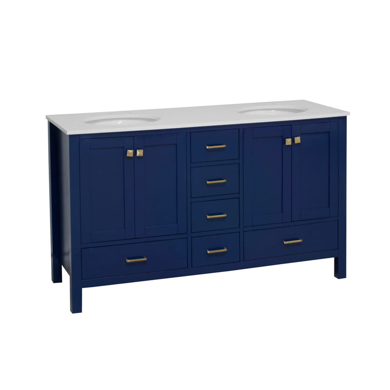 Ensemble de meuble-lavabo double 60 po Claudett, Bleu royal, Blanc d'ingénierie