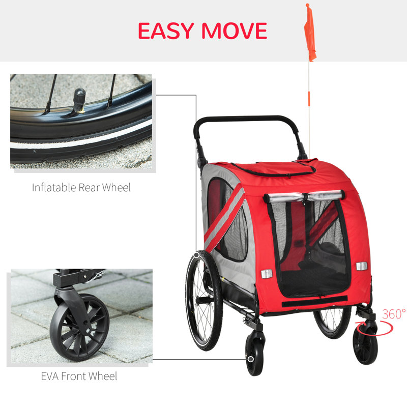 Red and Gray 2-in-1 Pet Bike Trailer and Stroller