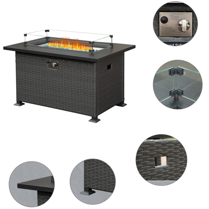 Table de foyer d'extérieur sans fumée 43,3 pouces à gaz en osier 50 000 BTU avec pare-vent en verre pour patio