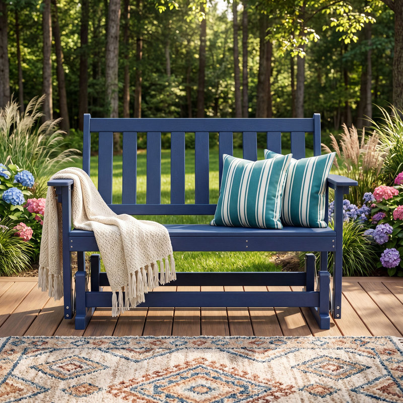 Banc de patio coulissant pour 2 personnes avec porte-gobelets, Bleu
