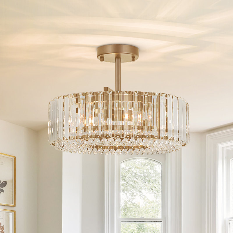 Luxury 4-Light Round Drum Crystal Semi-Flush Ceiling Light, Brass