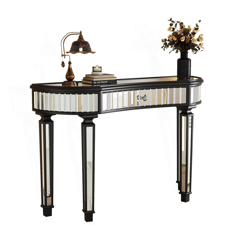 Half-Moon Mirrored Console Table With Fluted Glass & Crystal Knob Drawer, Behind Couch Table, Antique Black