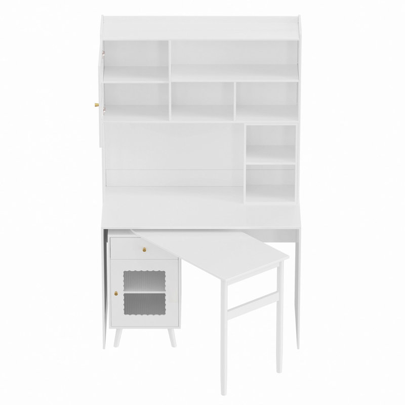 Bureau d'ordinateur multifonctionnel avec bureau rotatif et armoires de rangement, Blanc