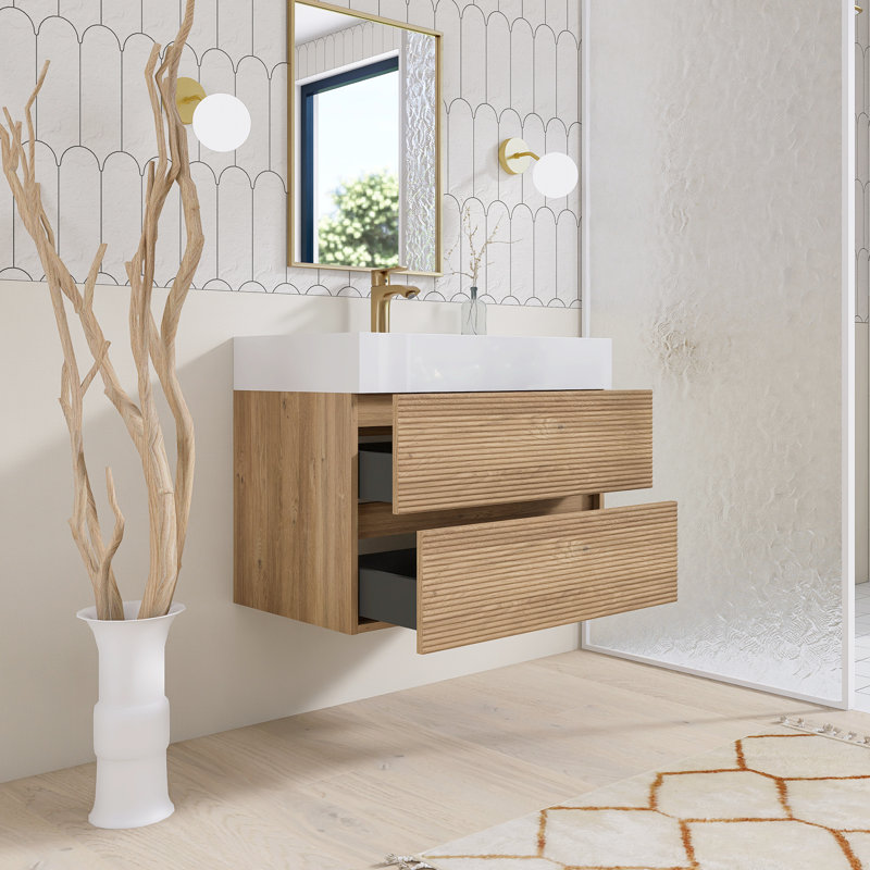 Meuble-lavabo mural simple 30 po avec surface solide, 30", Chêne