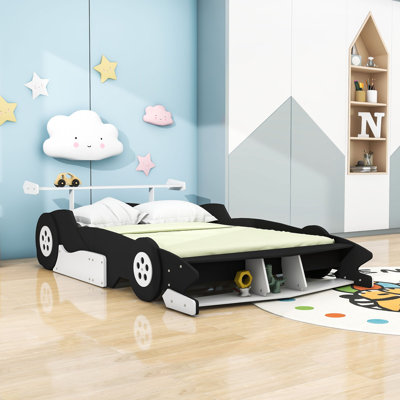 Platform Bed with Guardrails and Wheels, Race Car-Shaped Design