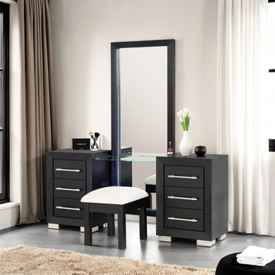 Meuble-lavabo contemporain noir avec tabouret, fabrication en bois massif, miroir à DEL, plateau en verre de 8 mm, 5 tiroirs de style chambre à coucher, placage, glissières à roulement, port, tabouret pleine longueur inclus