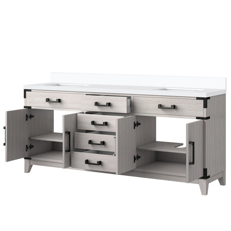 Meuble-lavabo double 72 po x 22 po, chêne blanc, comptoir en quartz, espace intérieur 72 po Coiffeuse en chêne avec plateau et deux tiroirs, fermeture en douceur
