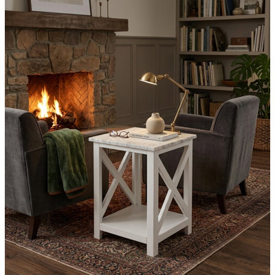 Elena 15.8" Square Italian Carrara White Marble End Table With White Color Solid Wood Legs