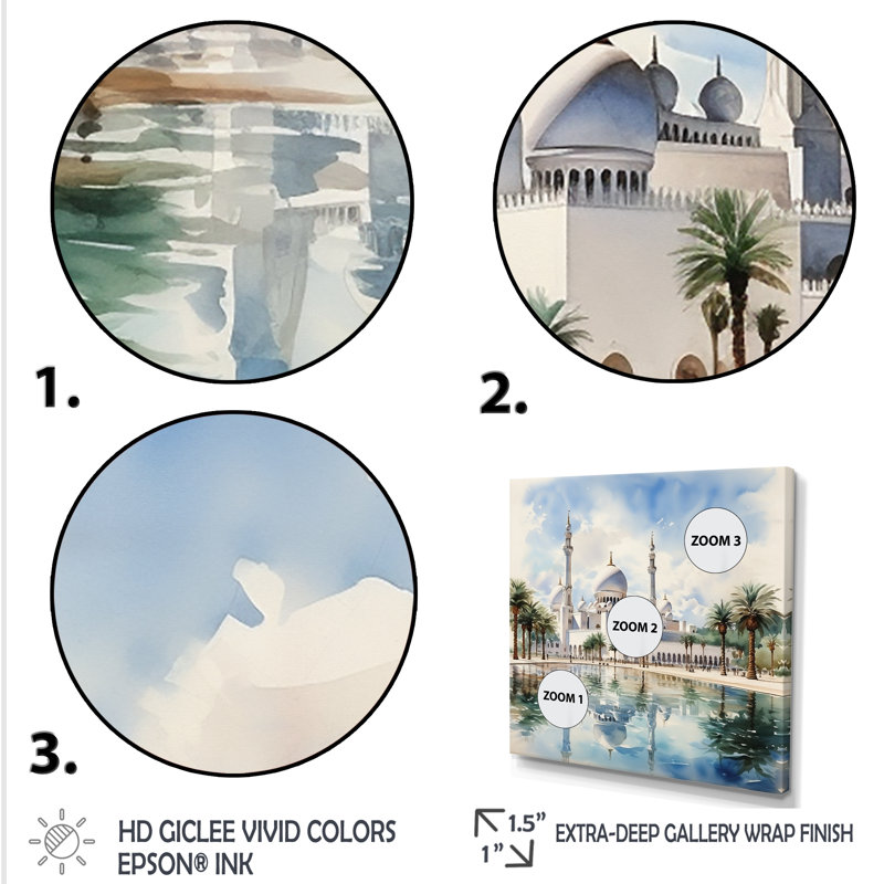 «White Elegance Sheik Zayed Mosque I», art mural blanc, Cadre flottant doré, H 30 po x l 30 po x P 1,5 po