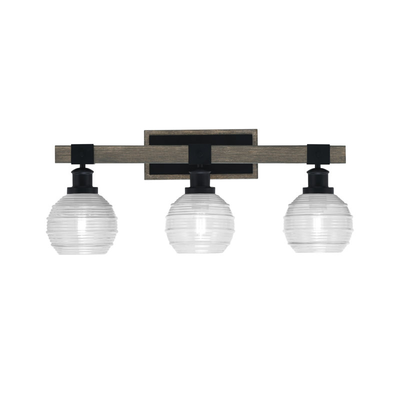 Barre d'éclairage de salle de bain 3 lumières Bitner, noir mat et finition en métal d'aspect bois patiné peint avec verre de 6 po