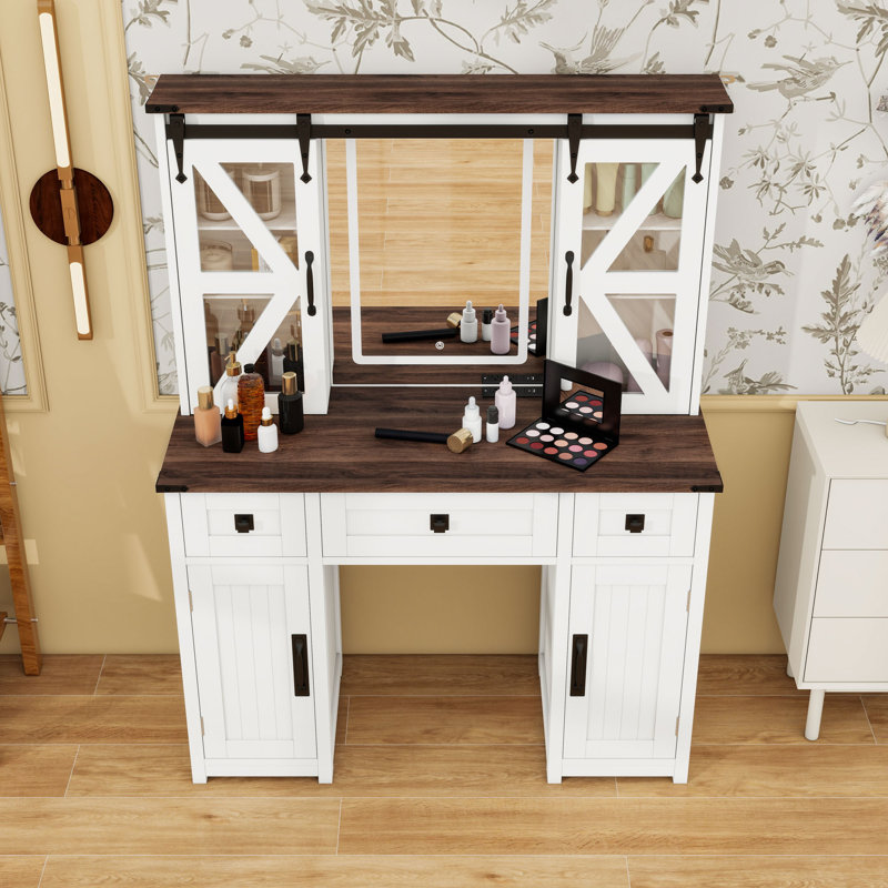 Bureau de maquillage avec miroir, station de charge et tiroirs