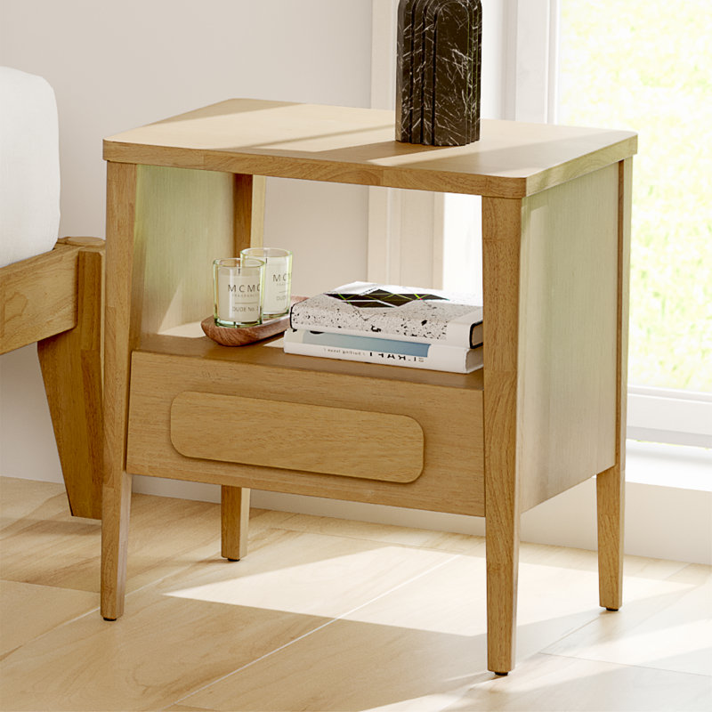 Carruthers Mid Century Modern Solid Wood Nightstand with Open Shelf, Premium Hevea Wooden Bedside Table With Ball Bearing Slide