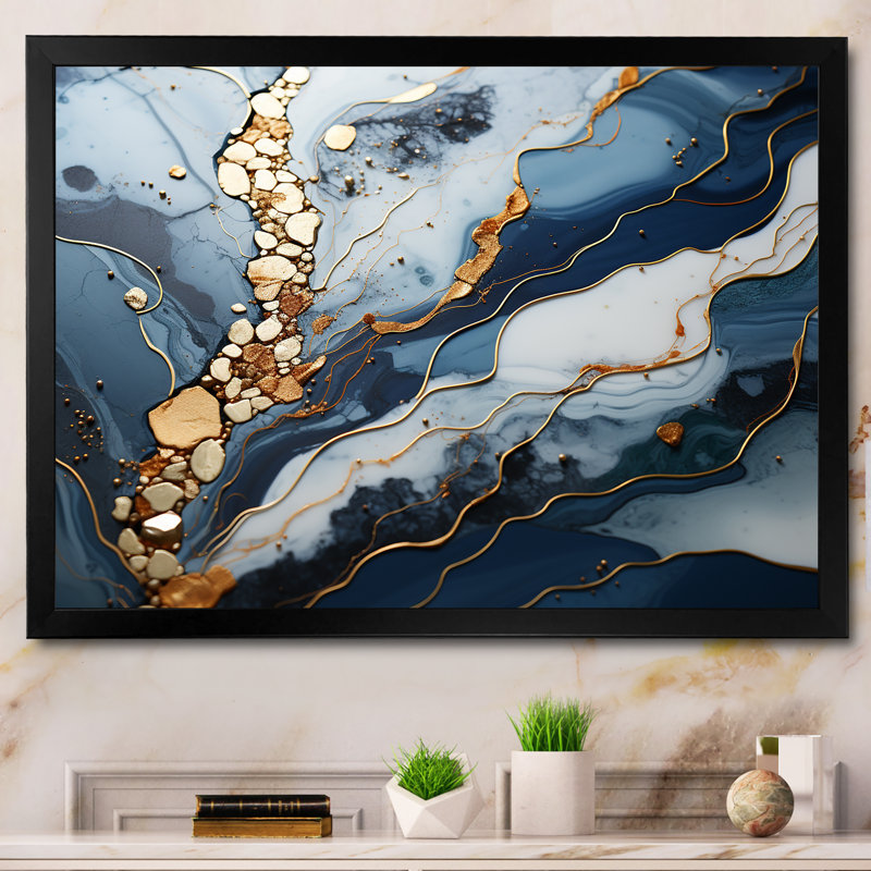 Blue and Gold Marble river II - Abstrait marbré, impressions sur toile, H 16 po x l 32 po x P 1 po, Cadre d'angle fermé noir