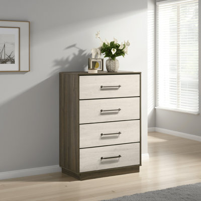 Commode haute Fene, 4 tiroirs de rangement, poignées en nickel, gris