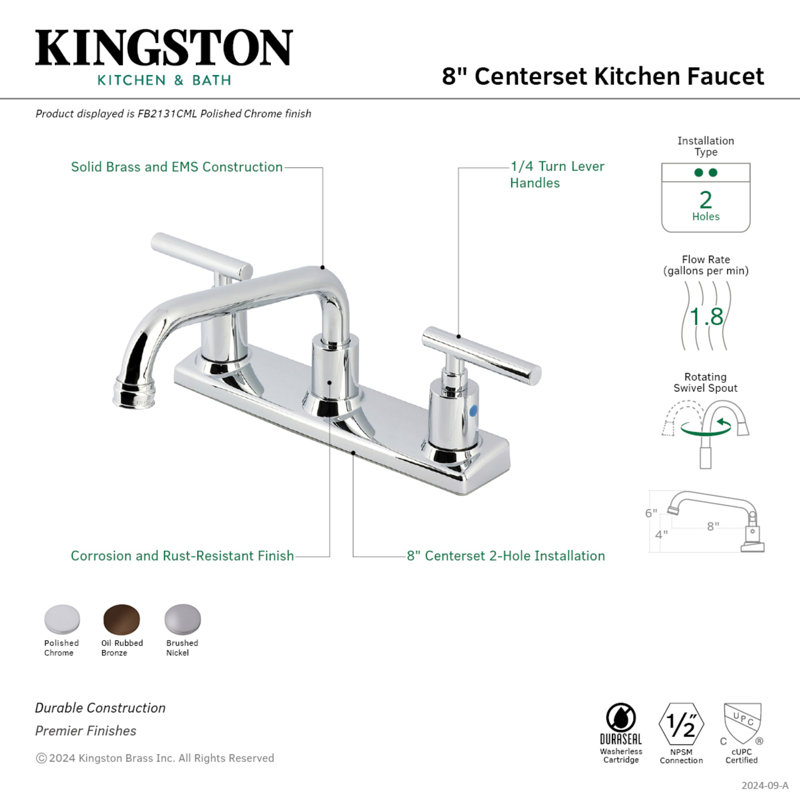 Robinet de cuisine central Kingston, Chrome poli