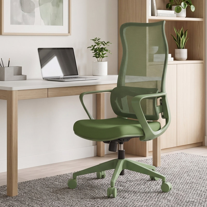 Chaise de bureau ergonomique en filet à haut dossier avec support lombaire réglable, pivotant à 360 degrés, Vert, Vert