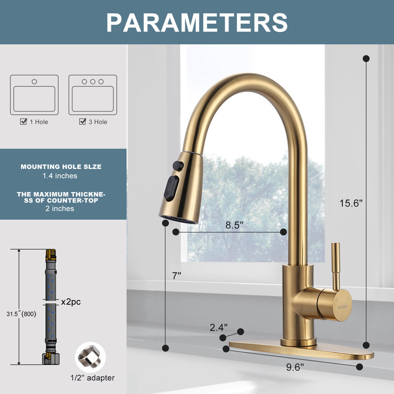 High Arc Pull Down Kitchen Faucet with Sprayer, Gold
