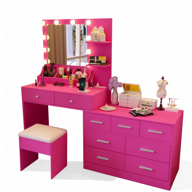 Ensemble de coiffeuse de maquillage rose foncé avec lumières, prise USB et 9 tiroirs, Rose foncé