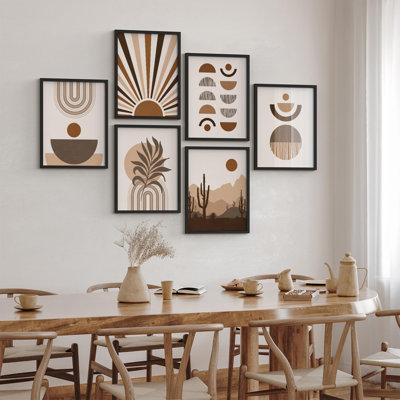 Framed Wall Art Collage Print Gallery Set, Bohemian Earthy Geometric Shapes and Sun Motifs Illustrations Modern Decorative Colorful for Living Room, Bedroom, Office