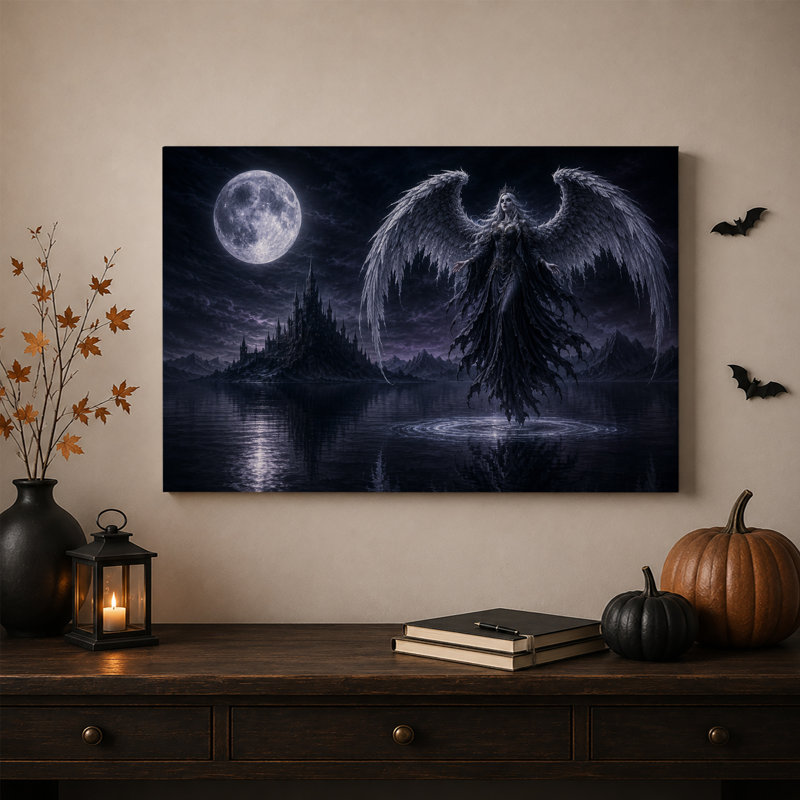 Femme ailée au-dessus d'un château sombre sous la pleine lune - Toile murale d'Halloween, 12"H x 18"W