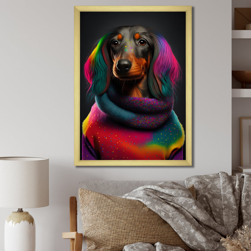 Teckel froid dans un chandail arc-en-ciel - Imprimé, Cadre doré à une seule photo, H 20 po x l 12 po x P 1 po