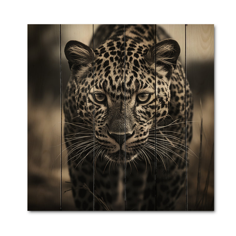 Portrait d'un léopard africain - reproduction d'animaux sur bois de pin naturel, H 30 po x l 30 po x P 0,78 po