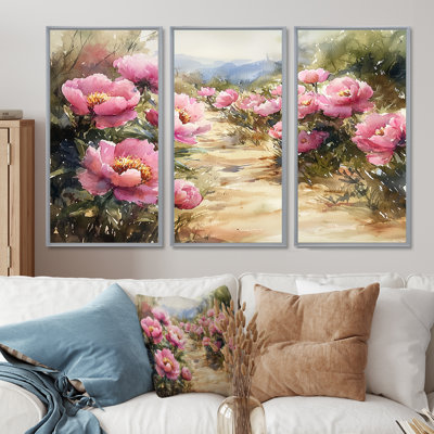 Pivoines le long du chemin de terre V - Art mural sur toile pivoines - 3 panneaux