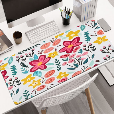  Rubber Mouse Pad, Smooth Microfiber Surface, Non-Slip Base, Rounded Edge Decorative Mouse Mat for Office & Gaming,12×32 Inch ,Pink Yellow Floral Print