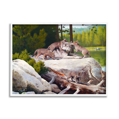 Stupell Industries Wolf & Cubs In Nature By Rod Lawrence Single Picture Frame Print On Canvas In Coastal White Framed Giclee