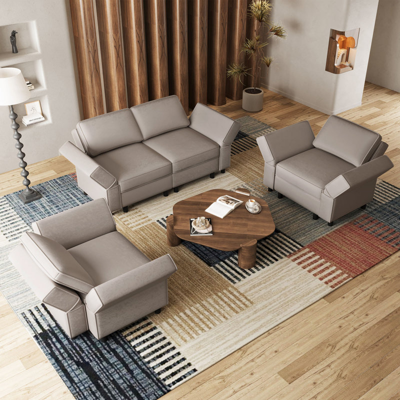 Ensemble de salon modulaire rembourré Elda, Velours gris velours