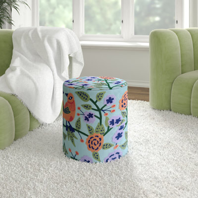 Handmade Embroidered Velvet Upholstered Ottoman, Light Blue