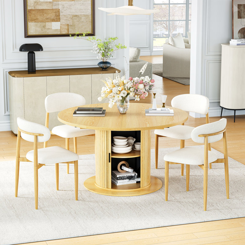 Expandable Dining Table Set, 47-63" Round Base Table With 2 Expandable Tabletops And Hidden Storage Cabinets, Padded Seats, Metal Frame For 4-8, Modern Minimalist Style
