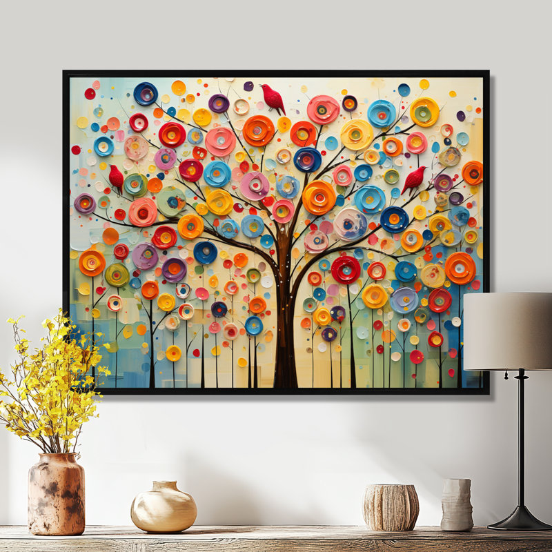 Arbre abstrait coloré 3 - Art mural africain, H 12 po x l 20 po x P 1 po, Cadre flottant noir