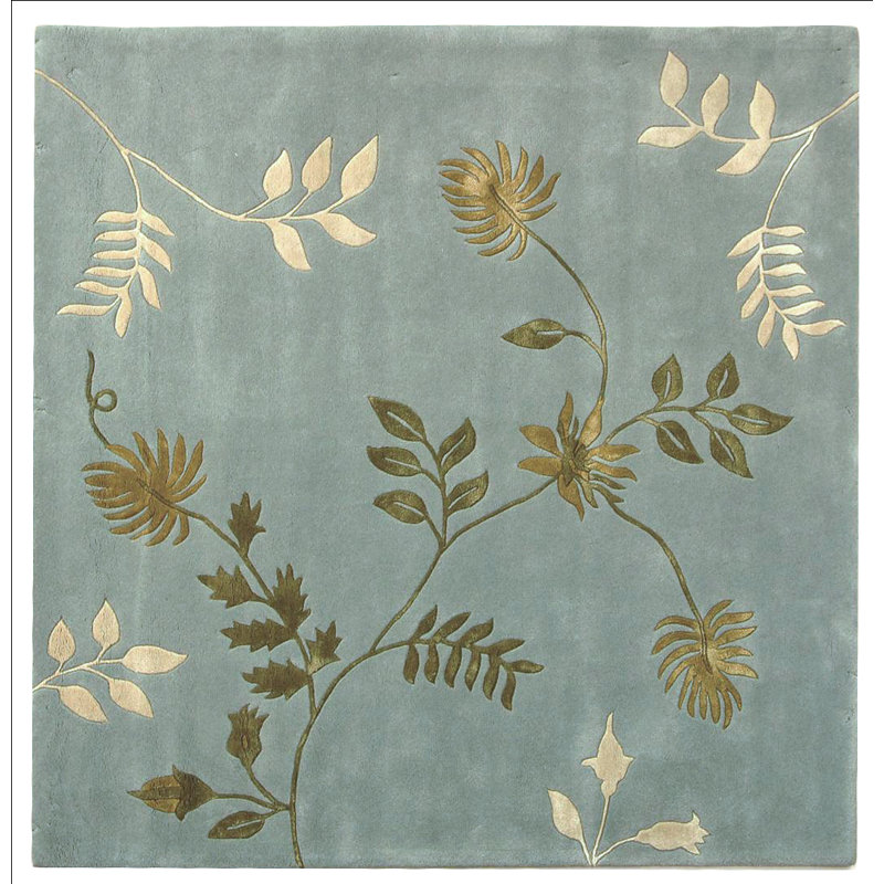 Tapis floral en laine / viscose touffeté à la main Candelo bleu clair / ivoire / vert, Carré 8 pi