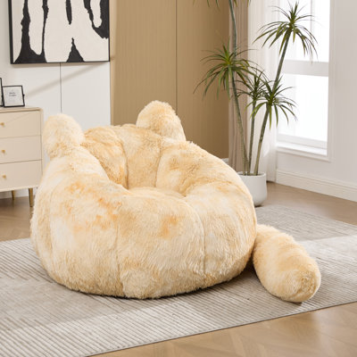 Pouf en fausse fourrure en forme de chat, 106 cm L x 106 cm l x 77 cm H, garnissage en mousse déchiquetée, 1 pièce, sans structure, jaune, coussin de queue amovible