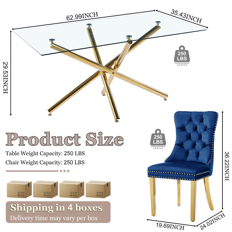 5-Piece Modern Dining Set – Rectangular Glass Table With Mirrored Metal Base & 4 Velvet Upholstered Chairs, Gold/Blue, Gold