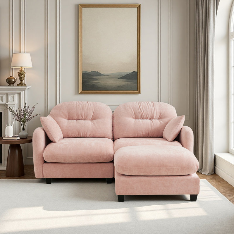 Sectional L-shaped Couch With Ottoman, Chenille Fabric, Pink Chenille