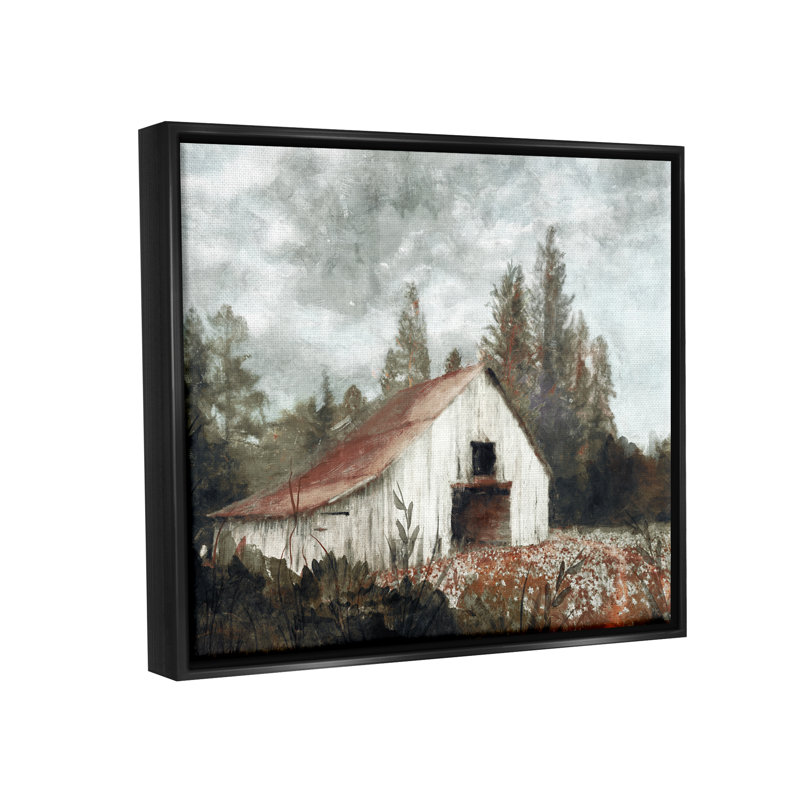 «Barn in Meadow Landscape», art mural encadré noir sur toile flottante par Nina Blue, H 25 po x l 31 po x P 1,7 po