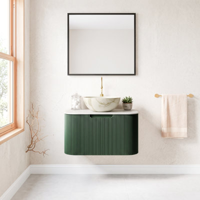 Meuble-lavabo mural simple l 24 po x P 18 po x H 34 po vert foncé avec vasque en céramique blanc mat et plateau en pierre frittée blanc de Carrare