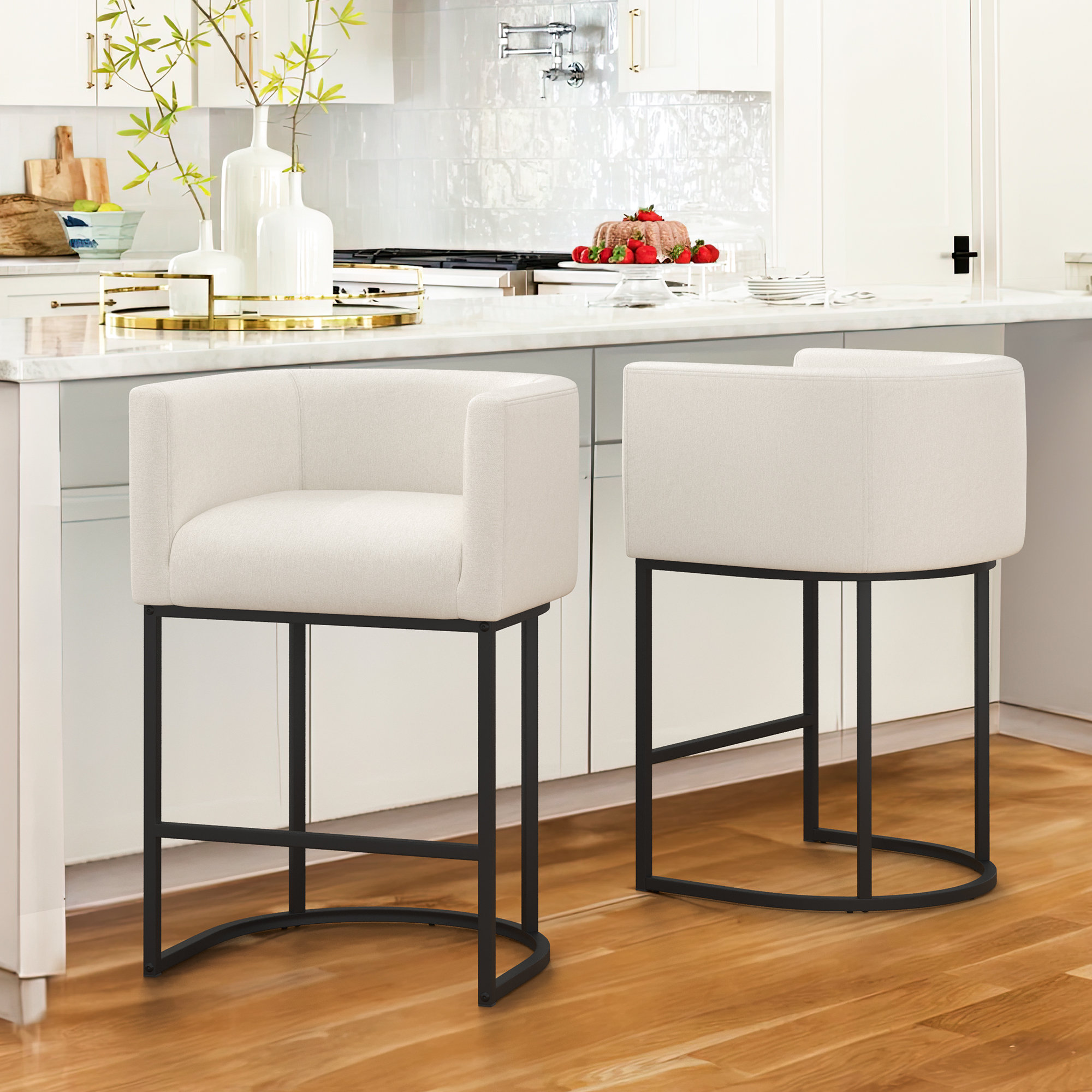 Wade Logan® 27" H Counter Height Bar Stools Set Of 2, Modern Barrel Counter Stools With Backrest And Arms, Metal Frames, Linen Fabric Upholstered Accent Barstools For Kitchen Island & Reviews | Wayfair