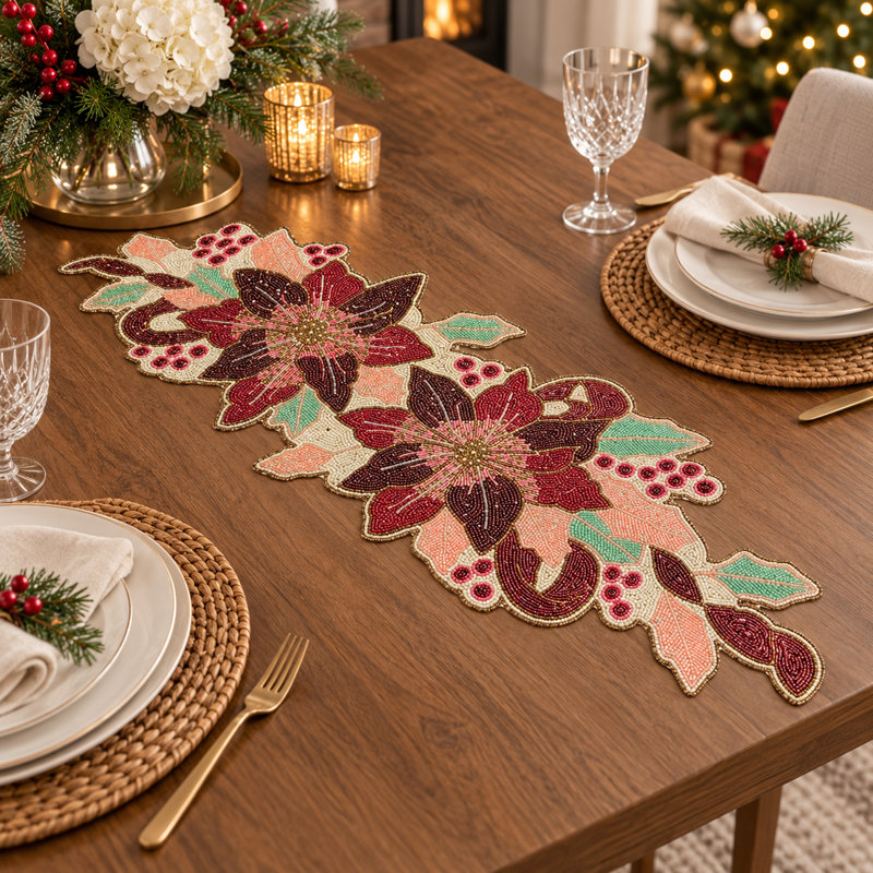 Chemin de table poinsettia en perles - Chemin de table floral artisanal en perles de verre orné de feuilles et de baies, idéal pour les fêtes de fin d'année, les réceptions et la décoration de table festive.