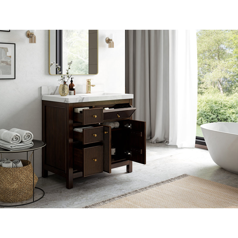 Teck de 36 po Sonoma X P 22 po D Meuble-lavabo de salle de bain en noyer foncé, Noir Calacatta