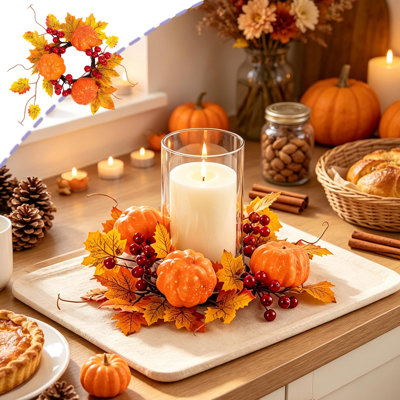 Couronne de bougies décoratives artificielles pour l'Action de grâce et l'Halloween, motif de récolte d'automne, avec bougeoir en feuilles d'érable et citrouille.