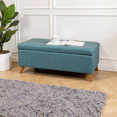 Banc de rangement avec repose-pieds en tissu capitonné bleu sarcelle avec repose-pieds et rangement dissimulé pour le salon et la chambre à coucher, pieds en bois massif