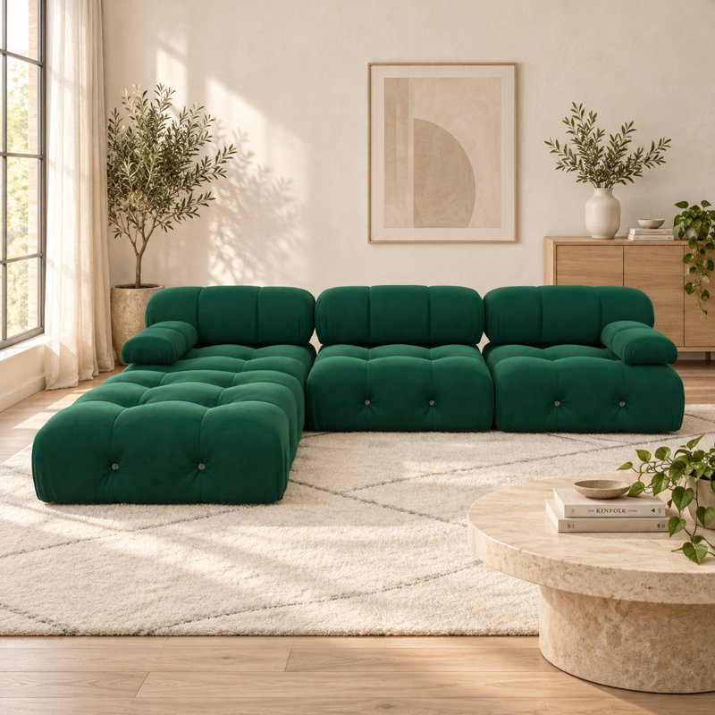 Canapé modulaire et chaise longue en velours réversible en L de 104 po avec repose-pieds Jesse, Velours vert