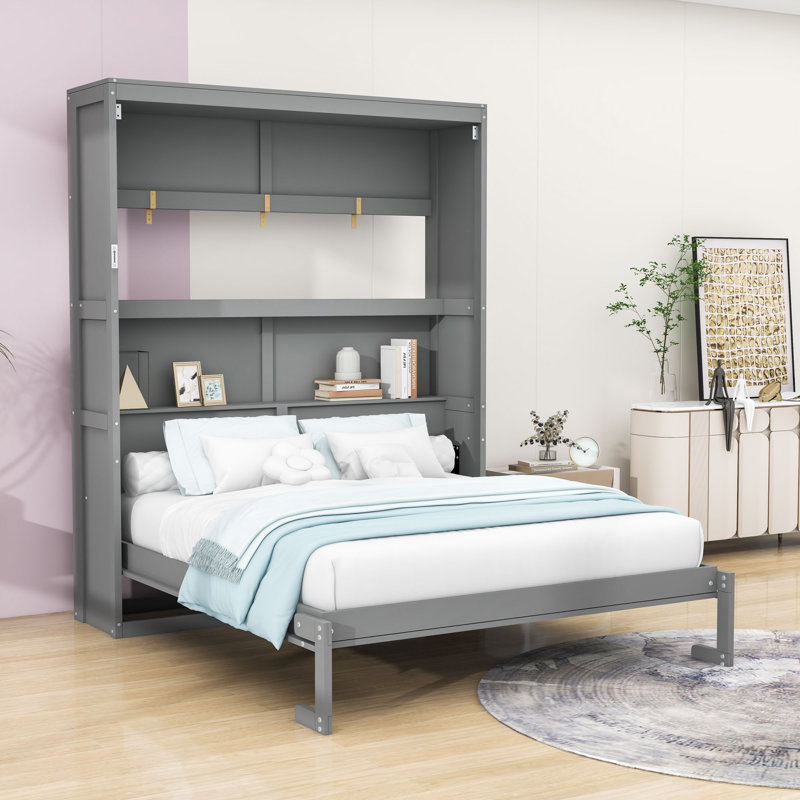 Lit escamotable avec armoire de rangement double fonction et lattes de confort, Grand lit, Gris